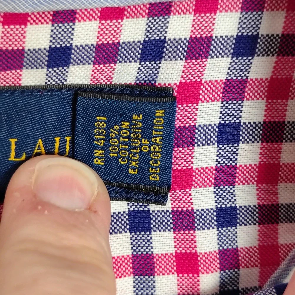Polo Ralph Lauren Pink Navy Gingham Non-Iron Cotton Button Down Shirt Mens Large